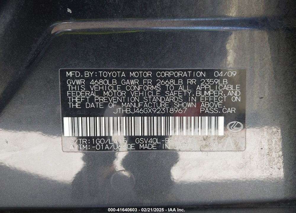 2009 LEXUS ES 350 VIN: JTHBJ46GX92318967