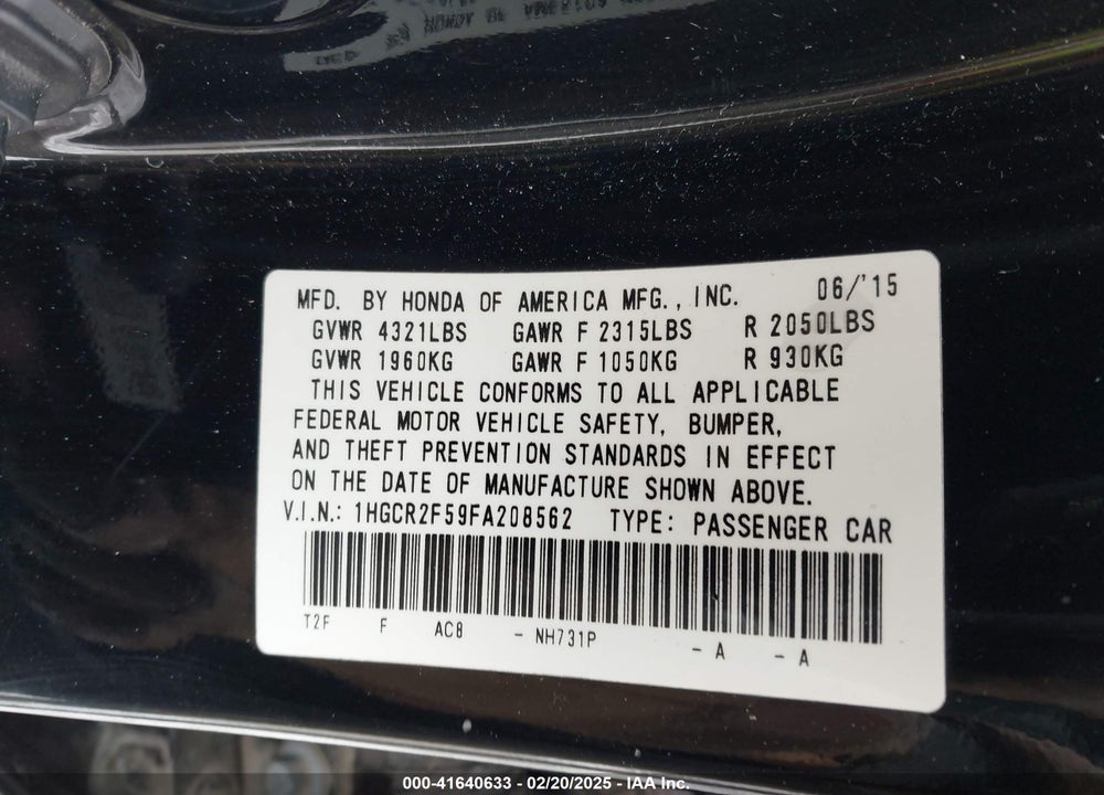 2015 HONDA ACCORD VIN: 1HGCR2F59FA208562