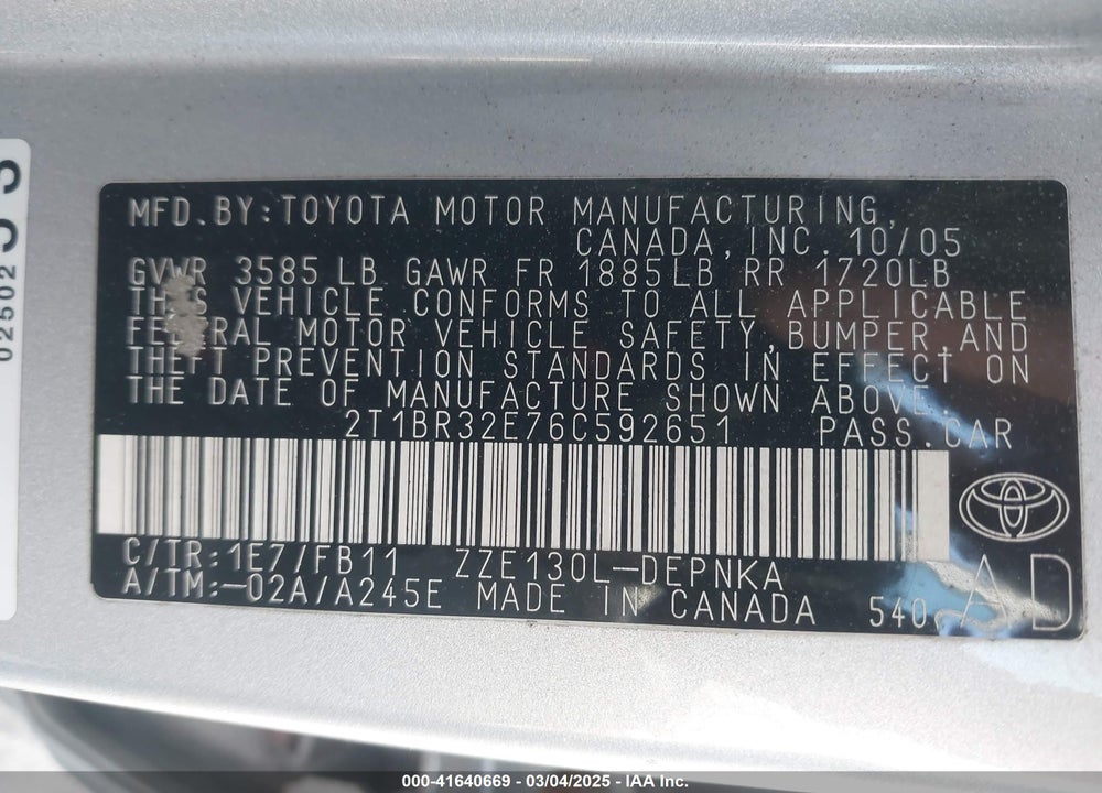 2006 TOYOTA COROLLA VIN: 2T1BR32E76C592651
