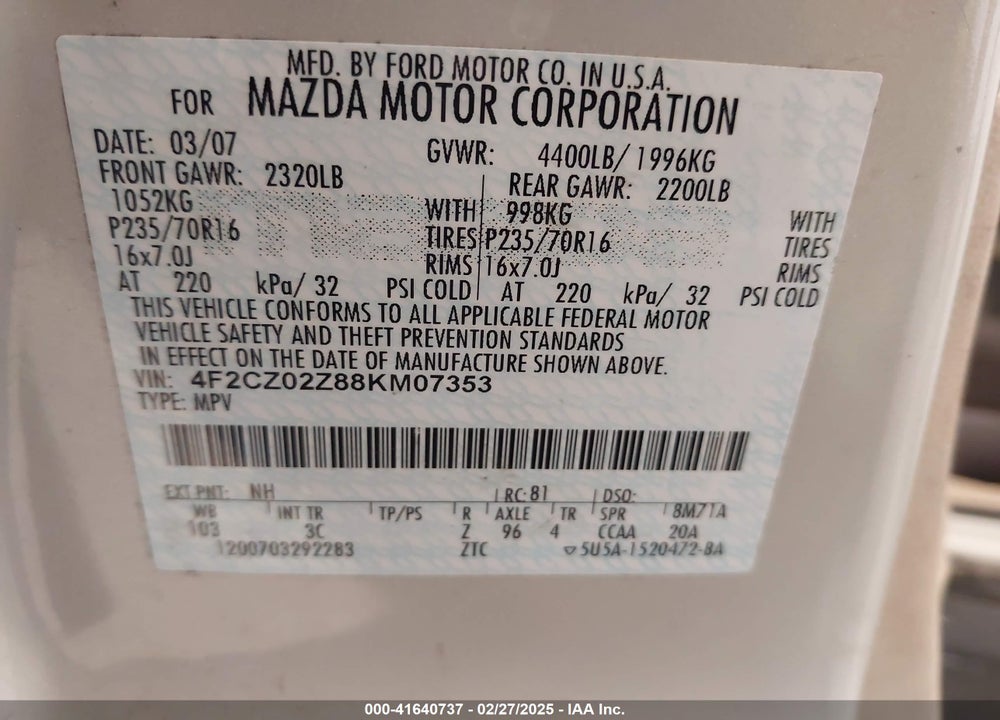 2008 MAZDA TRIBUTE VIN: 4F2CZ02Z88KM07353