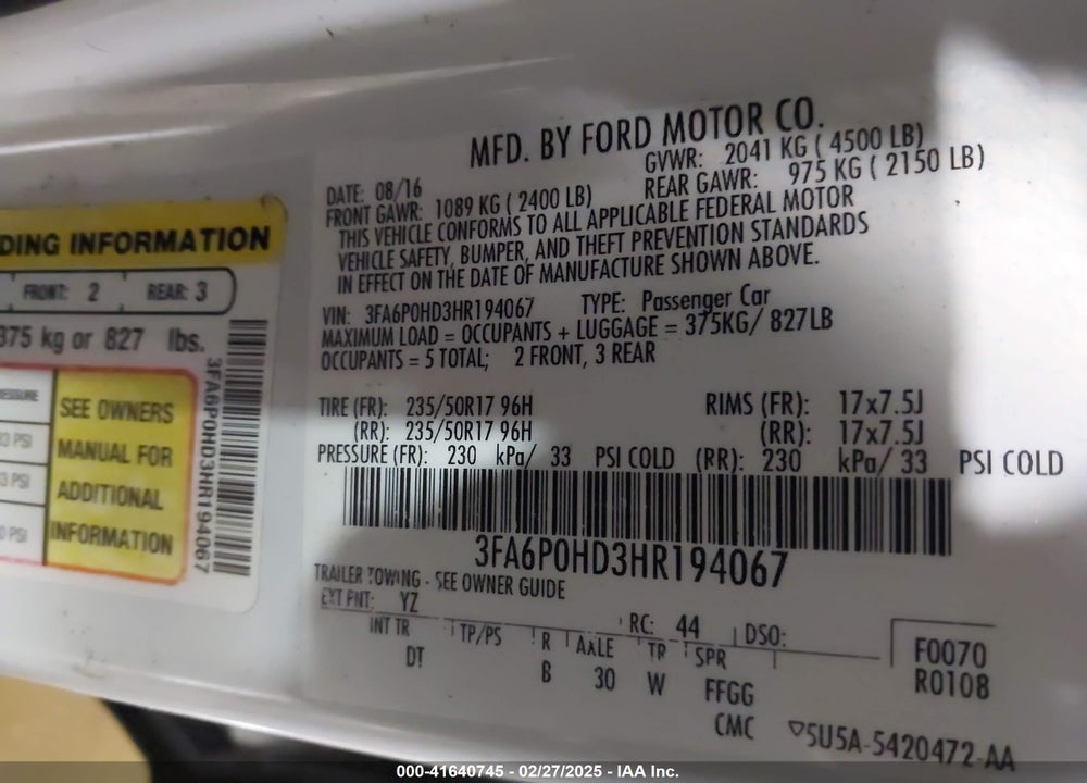 2017 FORD FUSION VIN: 3FA6P0HD3HR194067