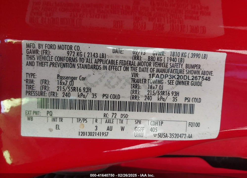 2013 FORD FOCUS VIN: 1FADP3K20DL267548