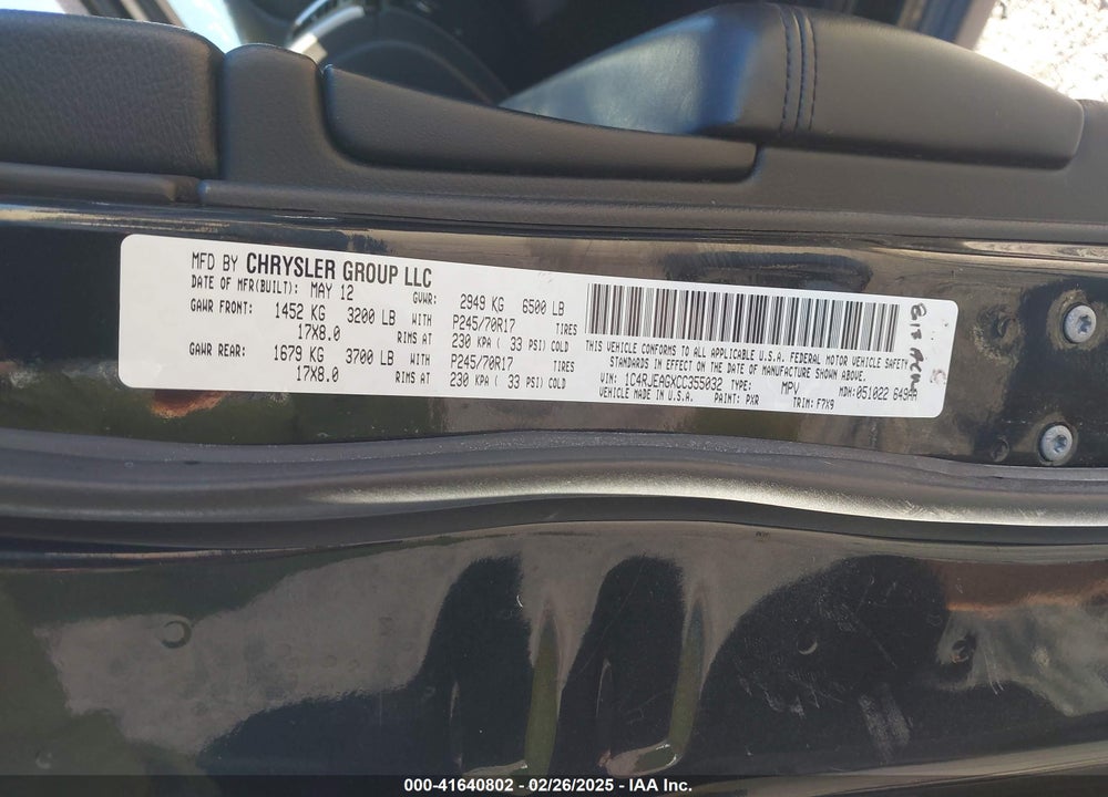 2012 JEEP GRAND CHEROKEE LAREDO VIN: 1C4RJEAGXCC355032