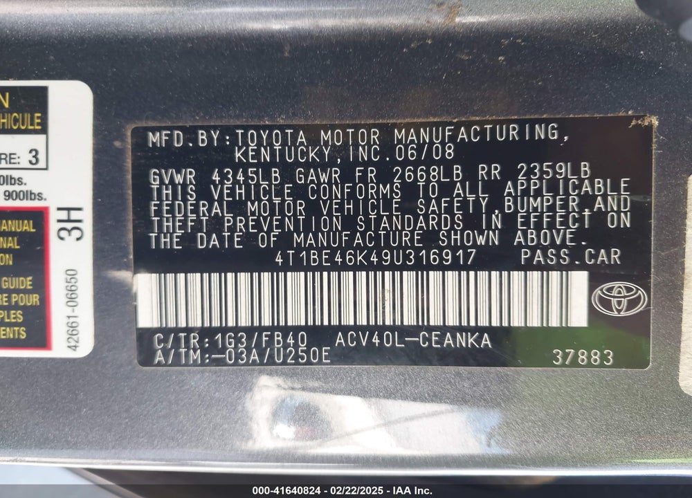 2009 TOYOTA CAMRY VIN: 4T1BE46K49U316917