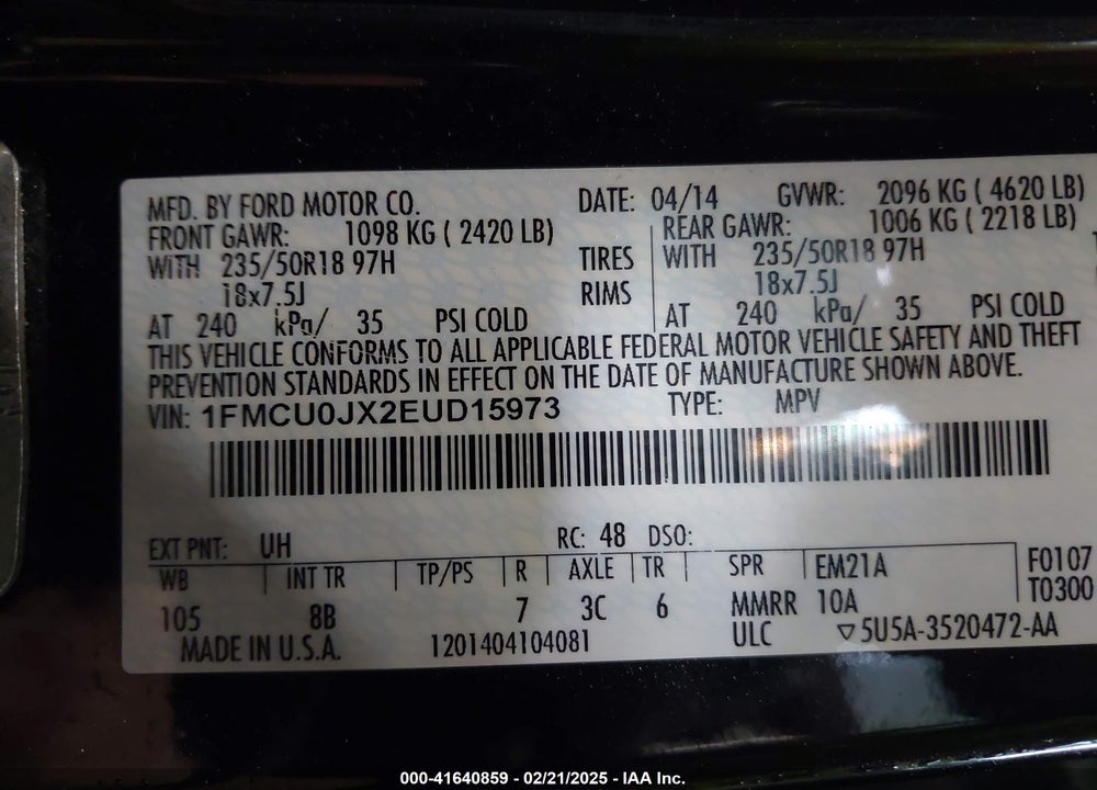 2014 FORD ESCAPE TITANIUM VIN: 1FMCU0JX2EUD15973