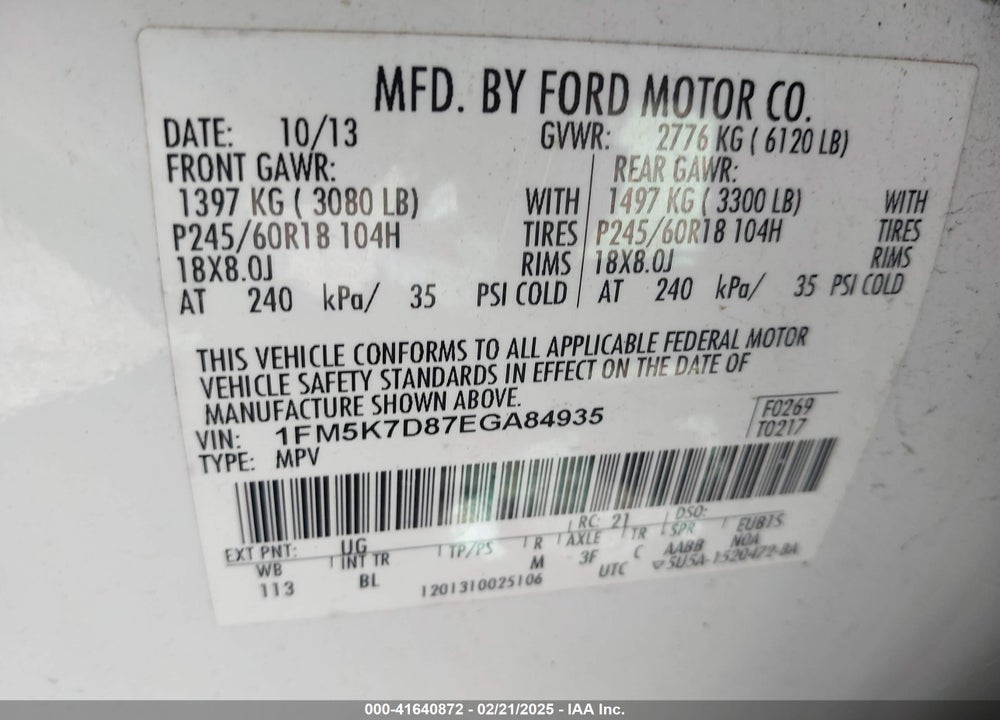 2014 FORD EXPLORER XLT VIN: 1FM5K7D87EGA84935