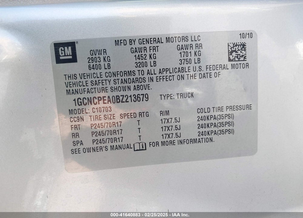 2011 CHEVROLET SILVERADO 1500 WORK TRUCK VIN: 1GCNCPEA0BZ213679