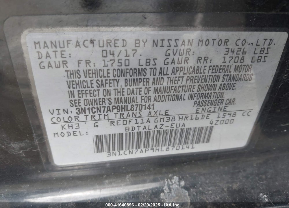 2017 NISSAN VERSA VIN: 3N1CN7AP9HL870141