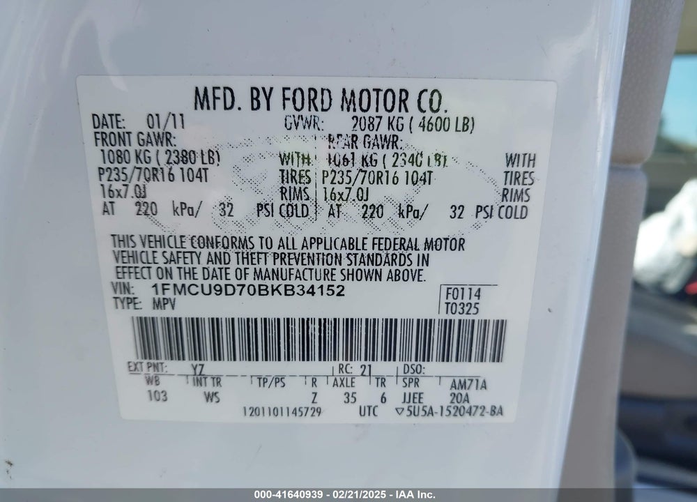 2011 FORD ESCAPE XLT VIN: 1FMCU9D70BKB34152