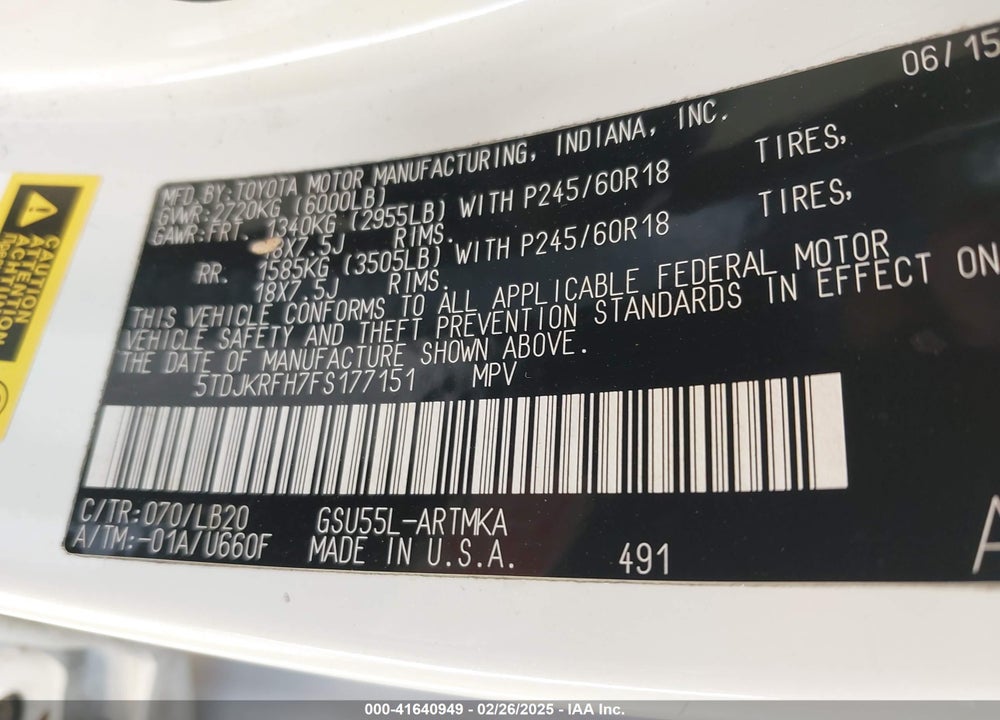2015 TOYOTA HIGHLANDER VIN: 5TDJKRFH7FS177151