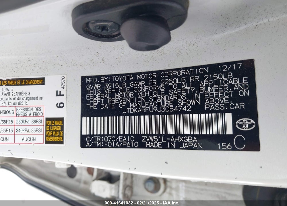 2018 TOYOTA PRIUS VIN: JTDKARFU9J3054742