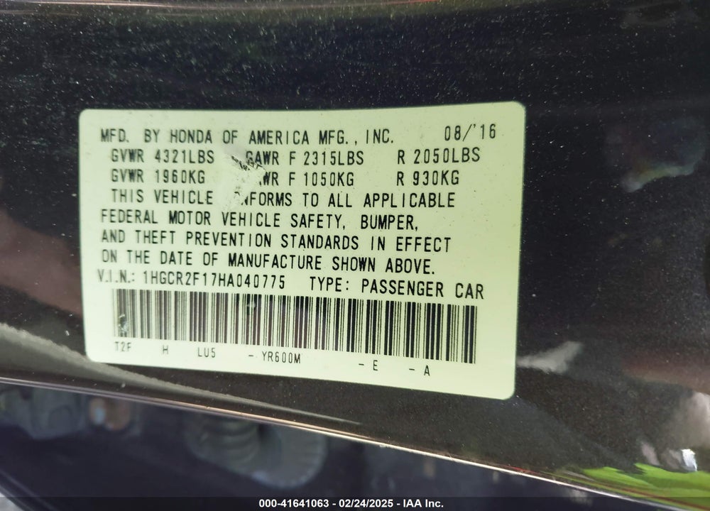 2017 HONDA ACCORD SEDAN VIN: 1HGCR2F17HA040775