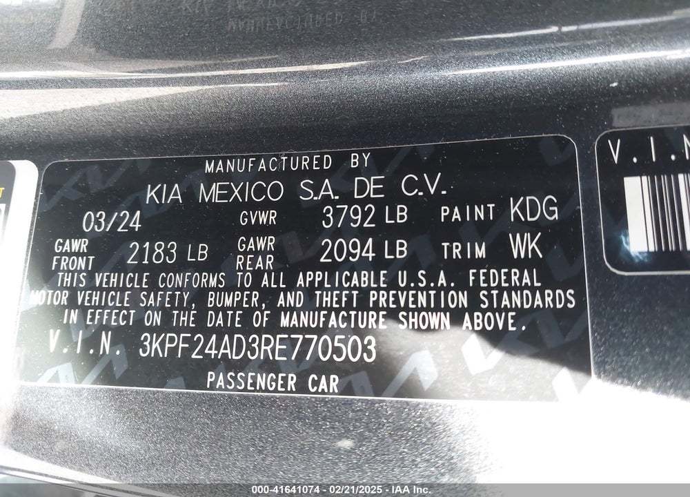 2024 KIA FORTE VIN: 3KPF24AD3RE770503