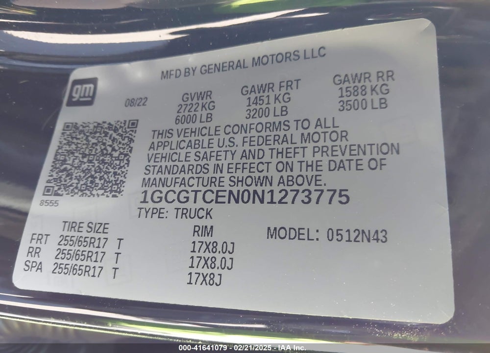 2022 CHEVROLET COLORADO VIN: 1GCGTCEN0N1273775