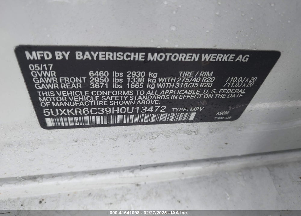 2017 BMW X5 VIN: 5UXKR6C39H0U13472
