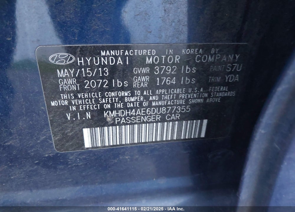 2013 HYUNDAI ELANTRA VIN: KMHDH4AE6DU877355