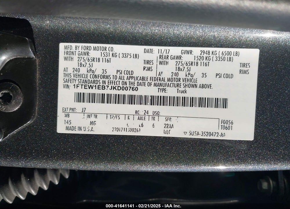 2018 FORD F-150 VIN: 1FTEW1EB7JKD00760