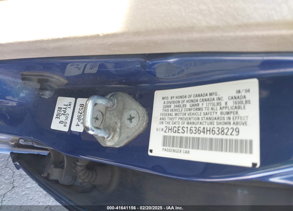 2004 HONDA CIVIC VP VIN: 2HGES16364H638229