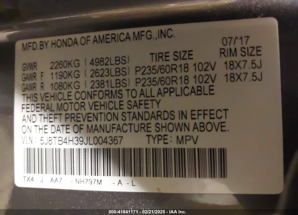 2018 ACURA RDX WATCH PLUS PACKAGE VIN: 5J8TB4H39JL004367