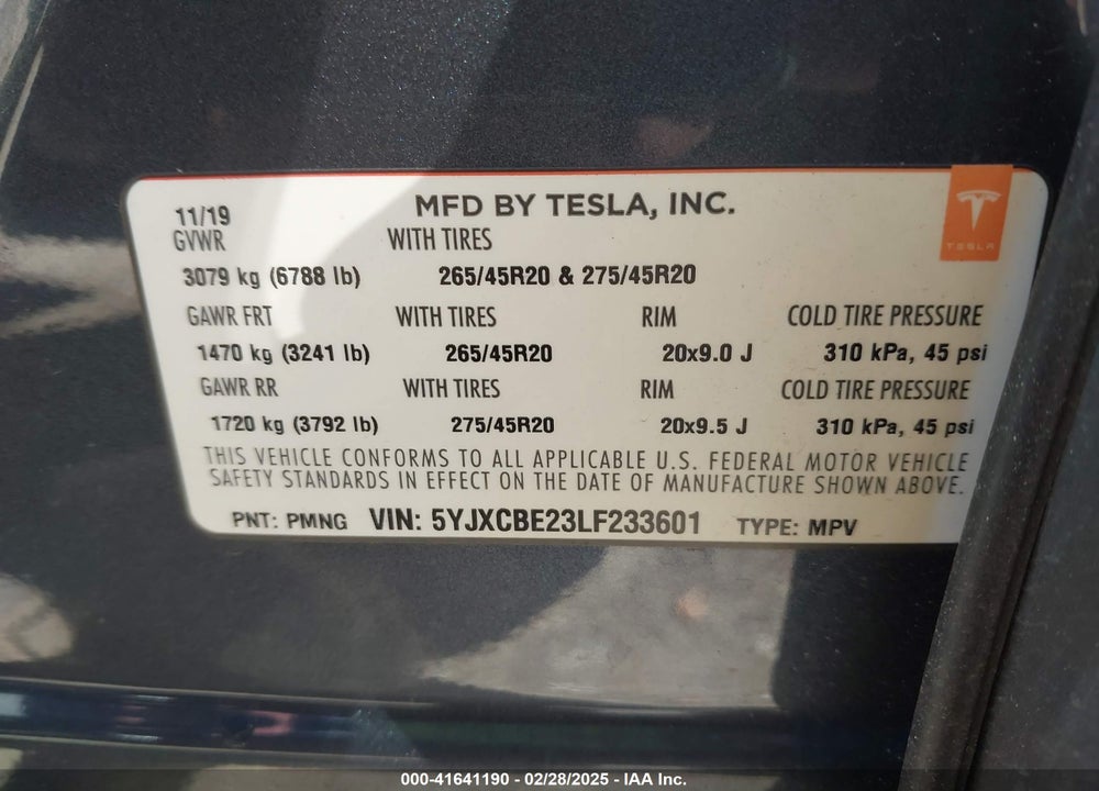 2020 TESLA MODEL X VIN: 5YJXCBE23LF233601