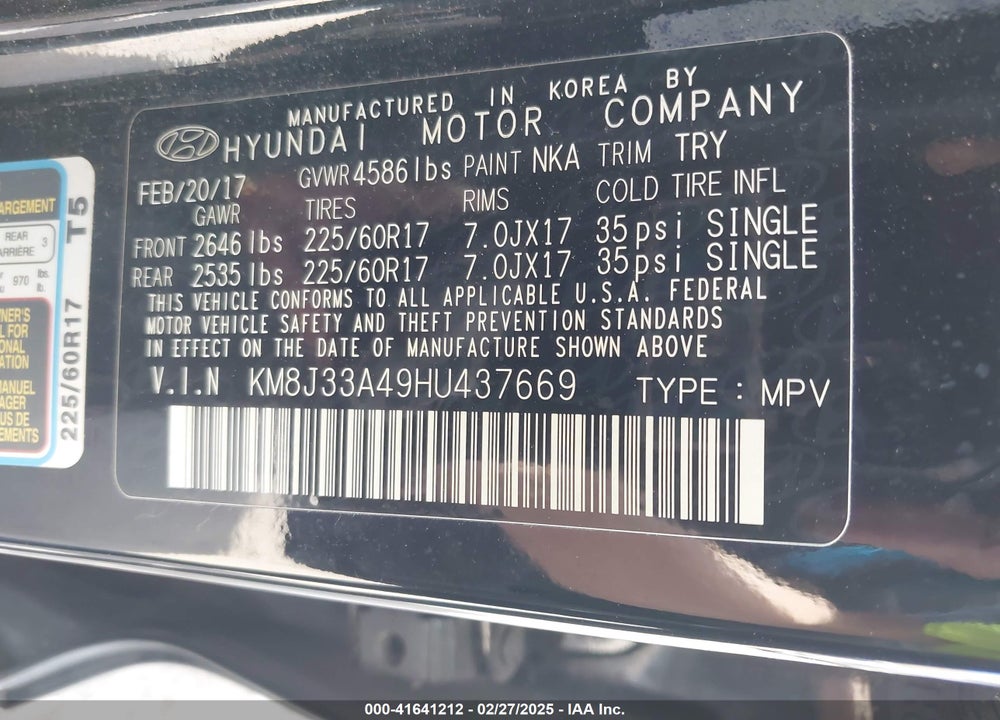 2017 HYUNDAI TUCSON VIN: KM8J33A49HU437669