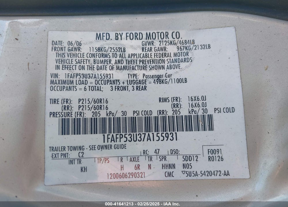 2007 FORD TAURUS SE VIN: 1FAFP53U37A155931