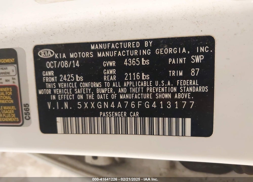 2015 KIA OPTIMA EX VIN: 5XXGN4A76FG413177
