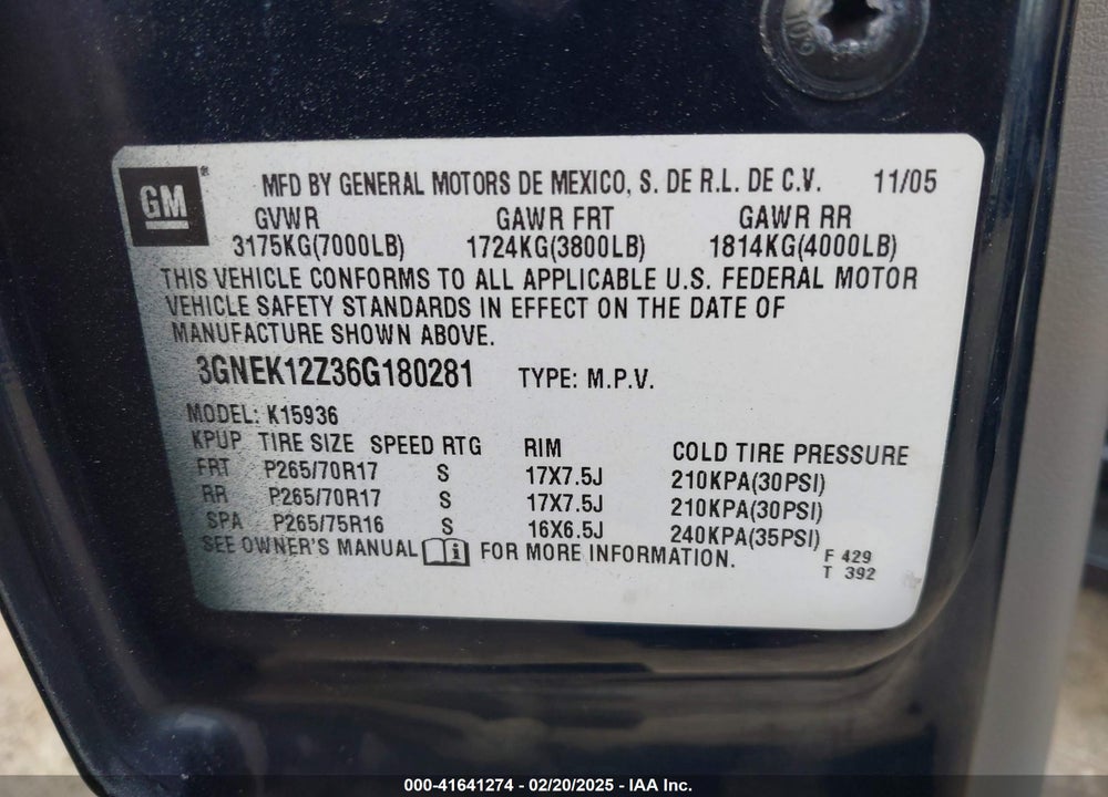 2006 CHEVROLET AVALANCHE 1500 Z71 VIN: 3GNEK12Z36G180281