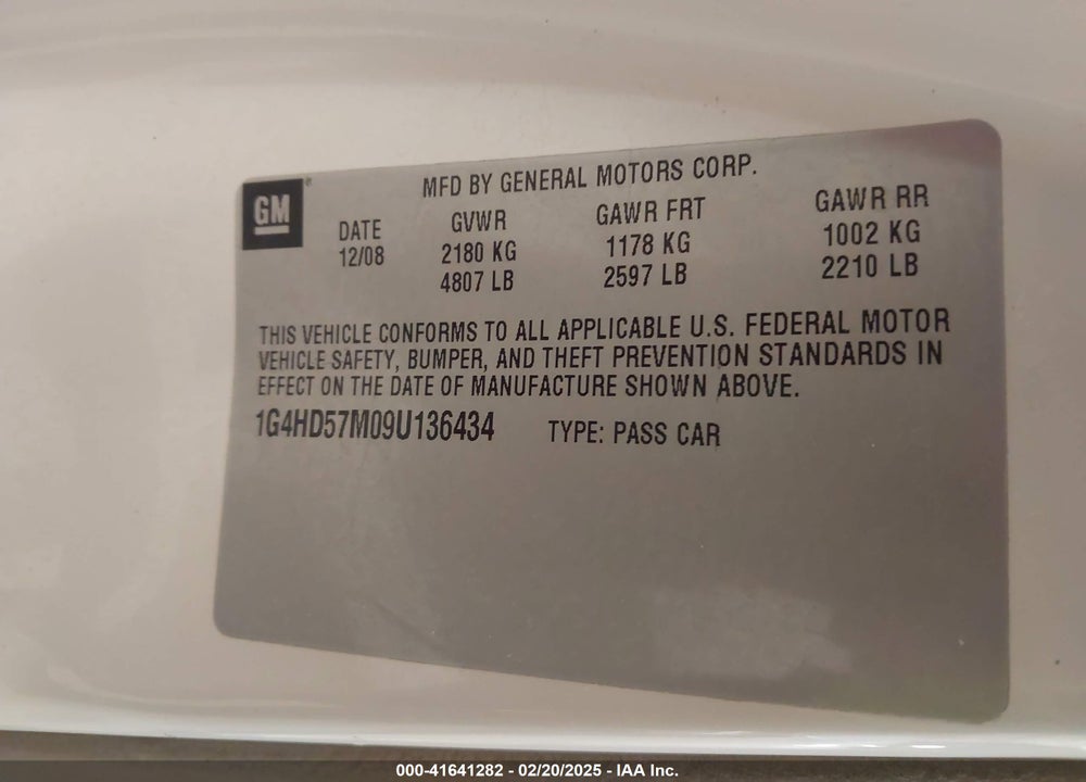 2009 BUICK LUCERNE VIN: 1G4HD57M09U136434