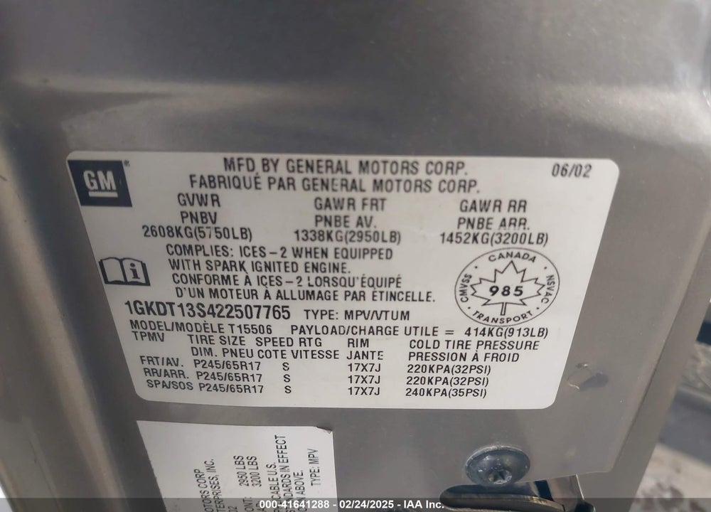 2002 GMC ENVOY SLE/SLT VIN: 1GKDT13S422507765