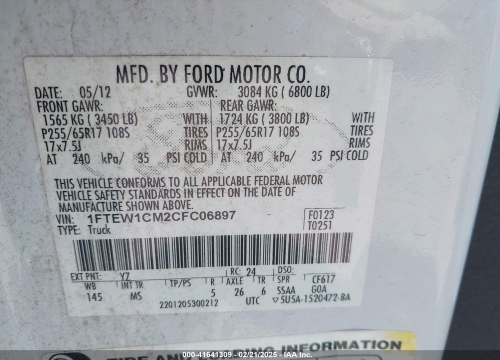 2012 FORD F-150 VIN: 1FTEW1CM2CFC06897