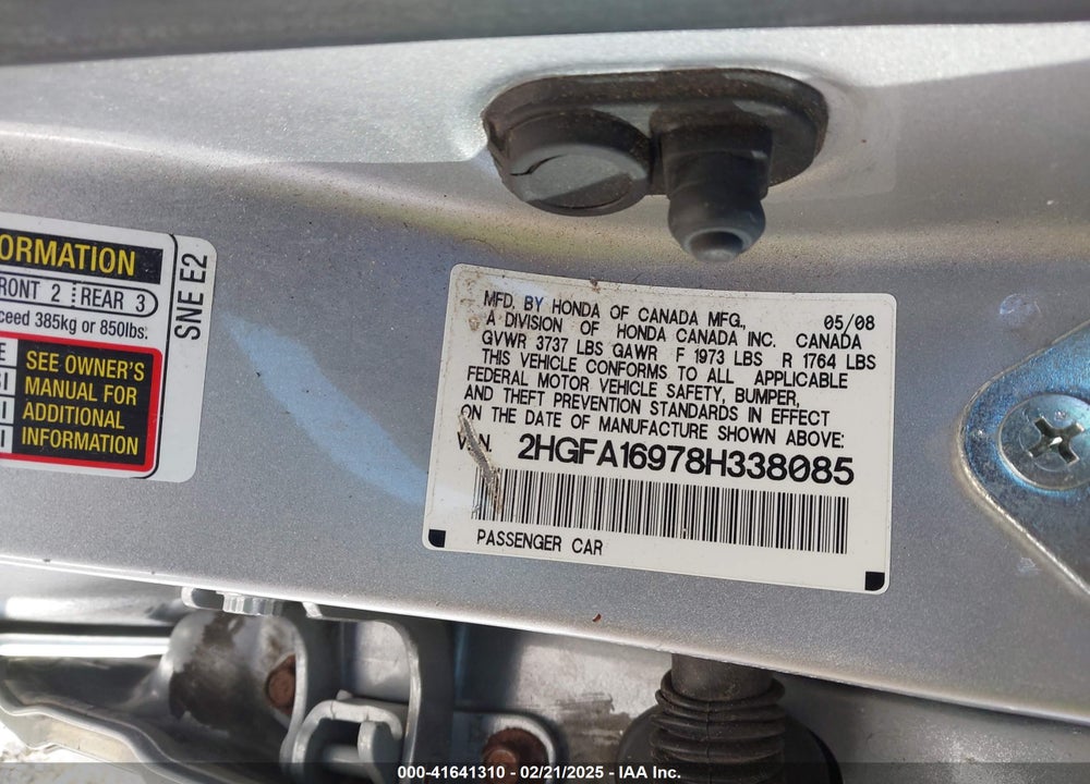 2008 HONDA CIVIC EX-L VIN: 2HGFA16978H338085