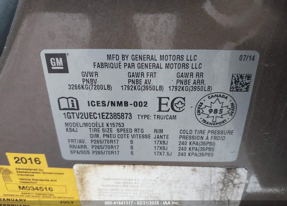 2014 GMC SIERRA 1500 VIN: 1GTV2UEC1EZ385873