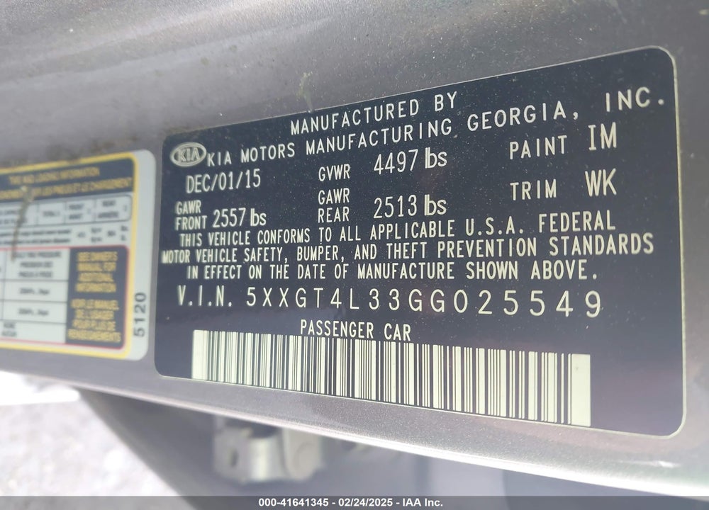2016 KIA OPTIMA VIN: 5XXGT4L33GG025549