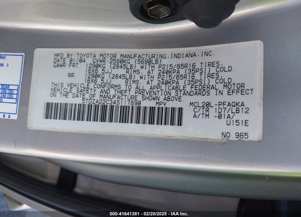 2004 TOYOTA SIENNA XLE VIN: 5TDZA22C34S117890