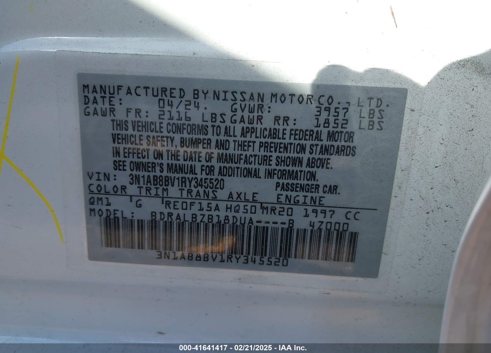 2024 NISSAN SENTRA S XTRONIC CVT VIN: 3N1AB8BV1RY345520