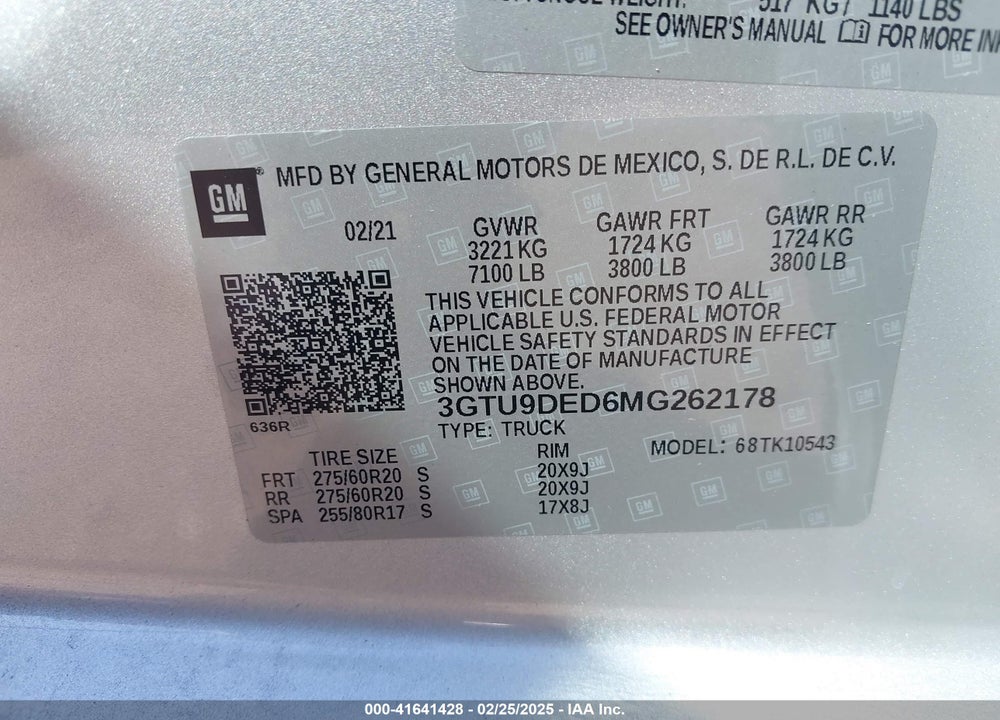 2021 GMC SIERRA 1500 VIN: 3GTU9DED6MG262178