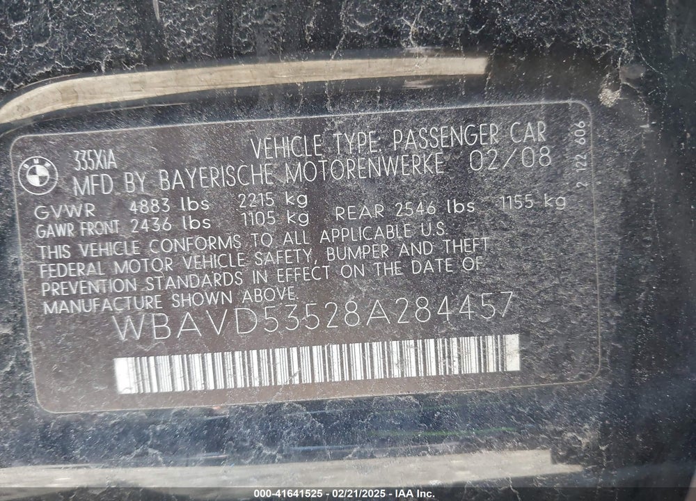 2008 BMW 335XI VIN: WBAVD53528A284457