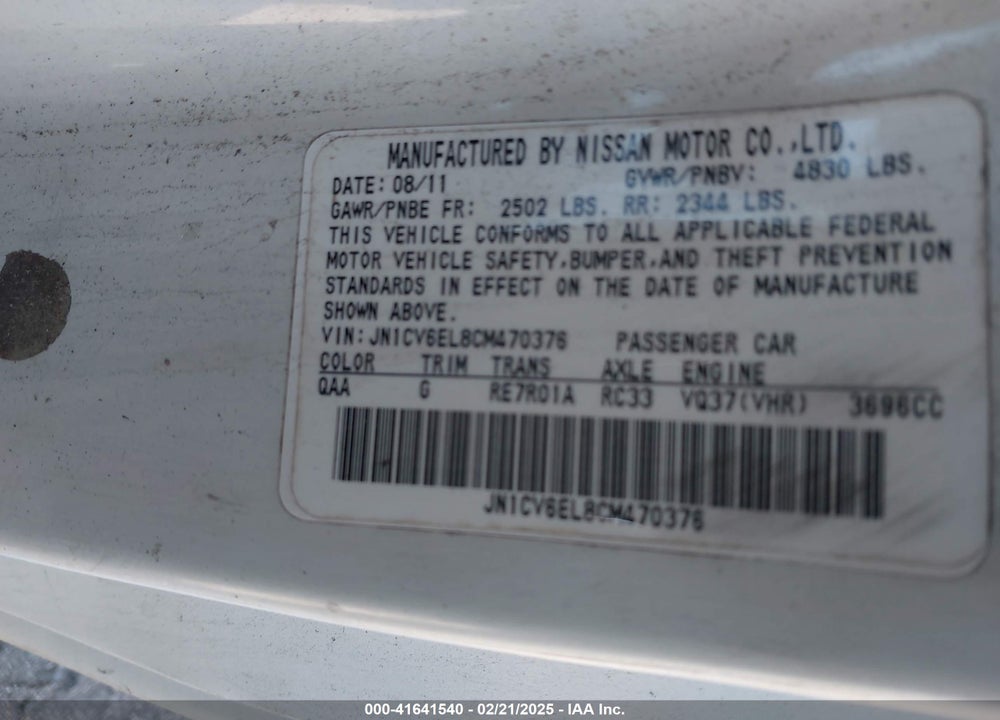 2012 INFINITI G37X VIN: JN1CV6EL8CM470376