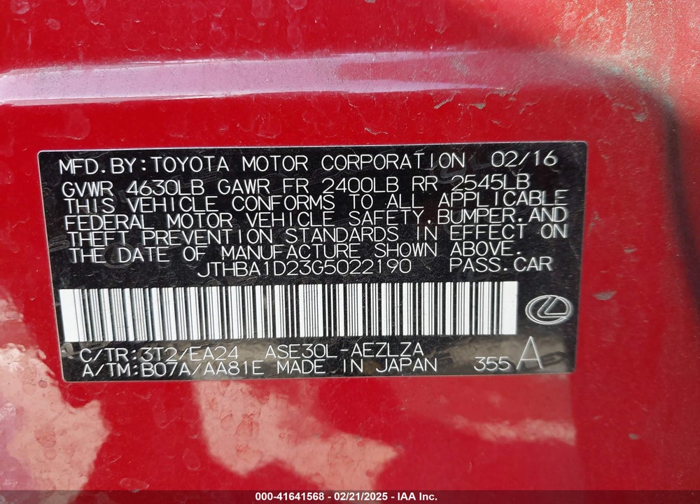 2016 LEXUS IS 200T VIN: JTHBA1D23G5022190