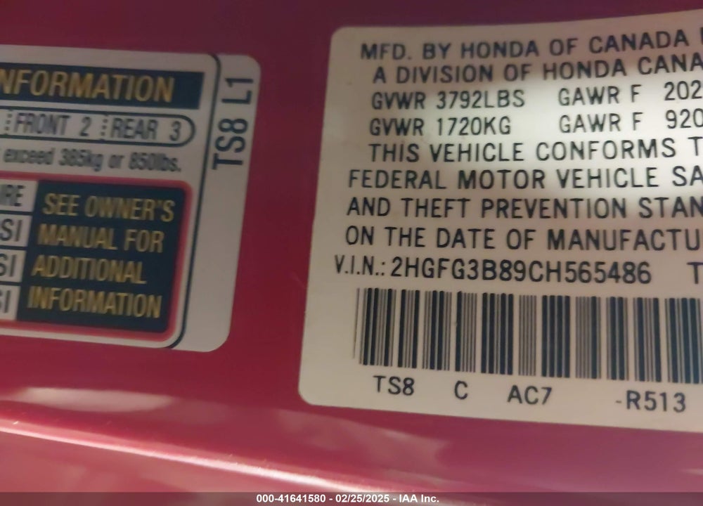 2012 HONDA CIVIC VIN: 2HGFG3B89CH565486