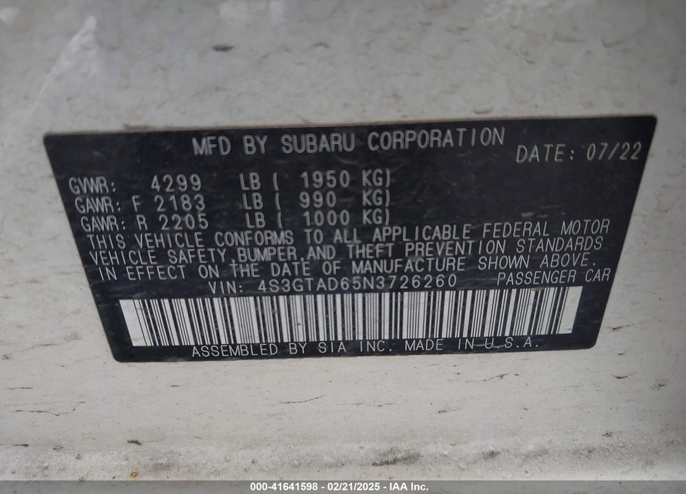 2022 SUBARU IMPREZA VIN: 4S3GTAD65N3726260