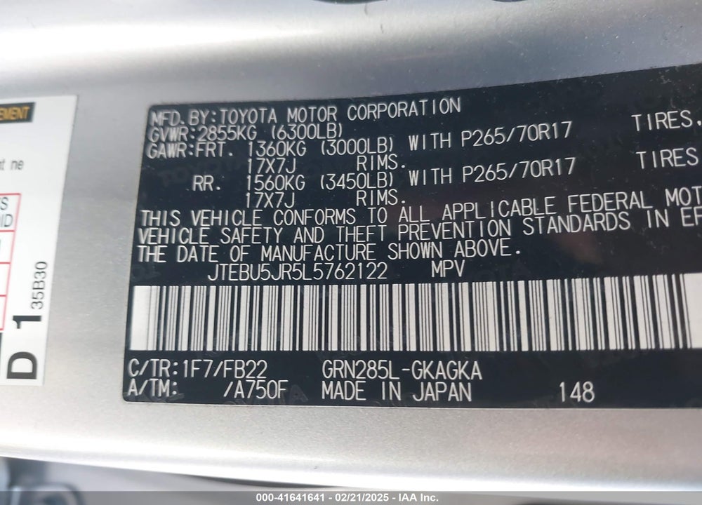 2020 TOYOTA 4RUNNER SR5 VIN: JTEBU5JR5L5762122