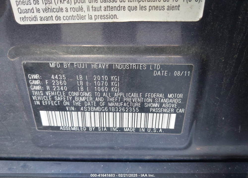 2011 SUBARU LEGACY VIN: 4S3BMBG61B3262355
