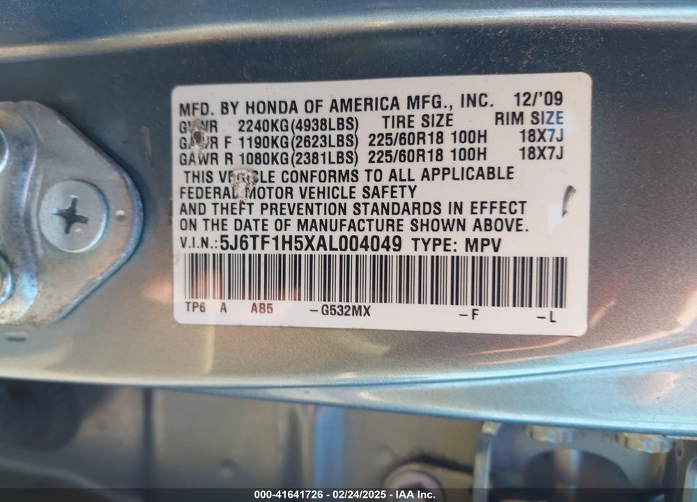 2010 HONDA ACCORD CROSSTOUR EX-L VIN: 5J6TF1H5XAL004049