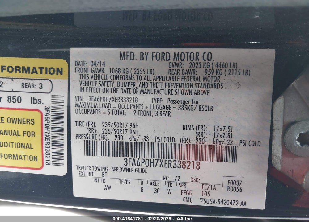 2014 FORD FUSION VIN: 3FA6P0H7XER338218