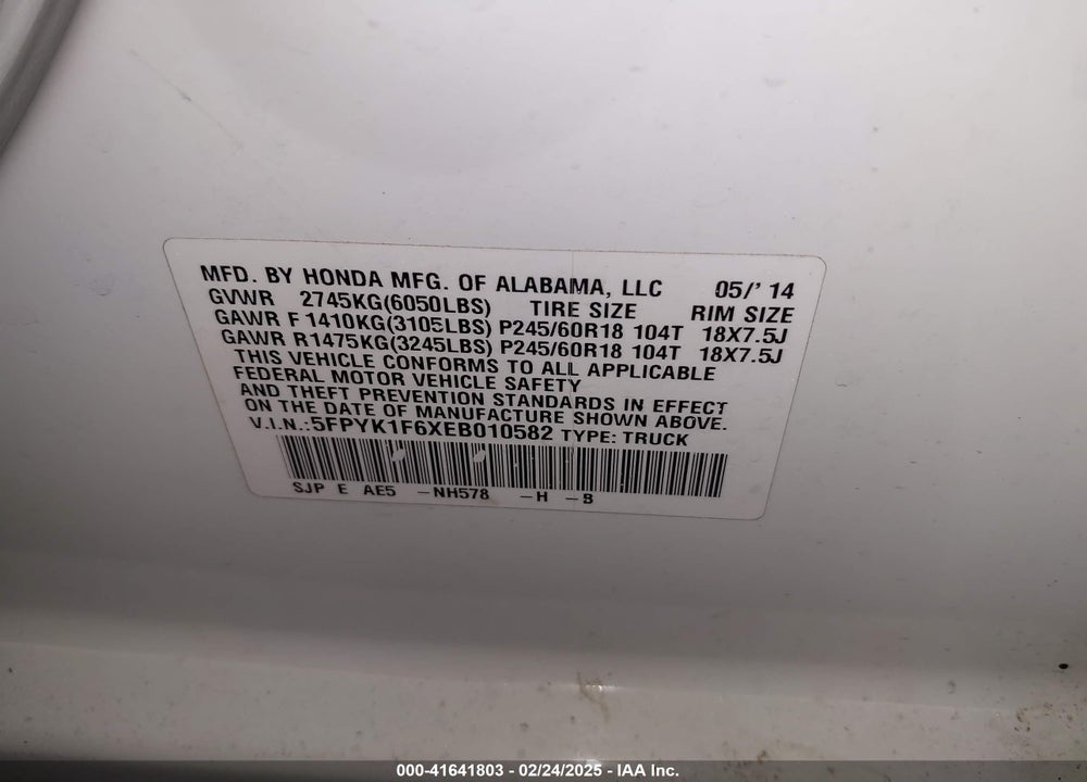 2014 HONDA RIDGELINE VIN: 5FPYK1F6XEB010582