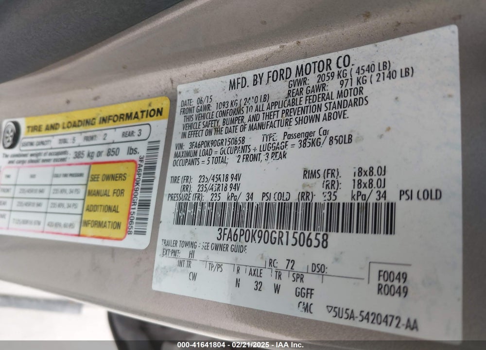 2016 FORD FUSION VIN: 3FA6P0K90GR150658