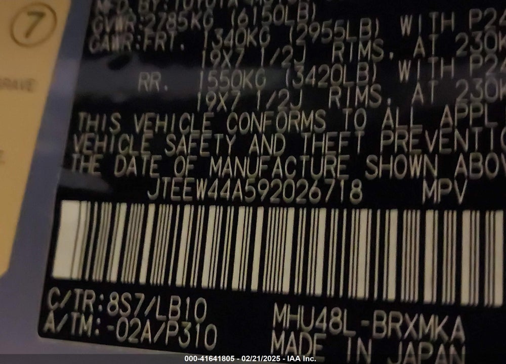 2009 TOYOTA HIGHLANDER HYBRID LIMITED VIN: JTEEW44A592026718