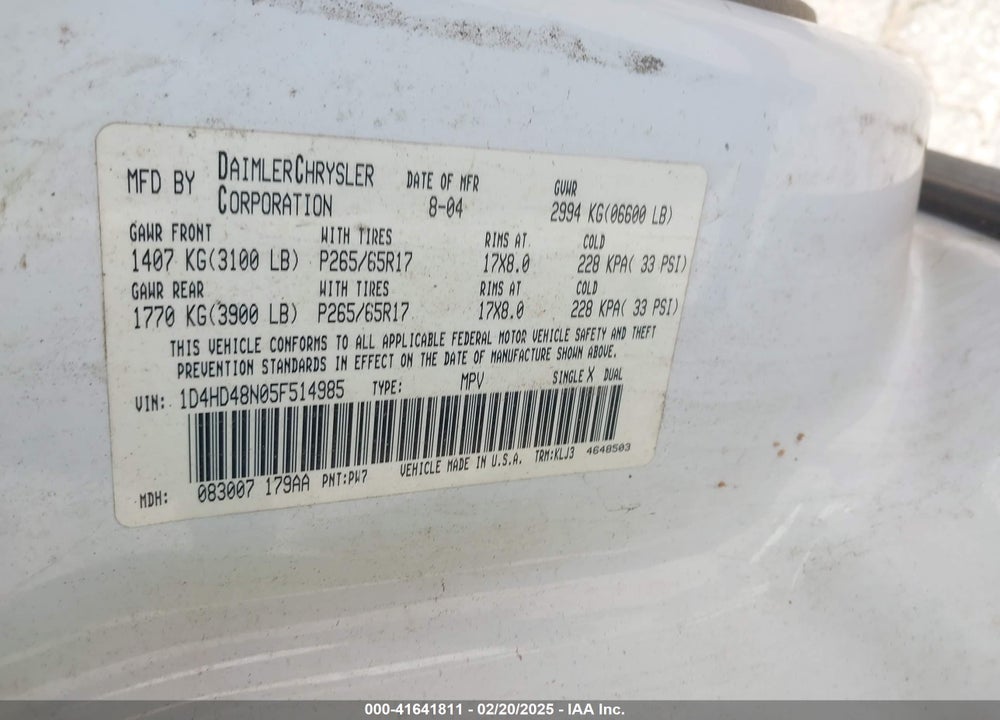 2005 DODGE DURANGO VIN: 1D4HD48N05F514985